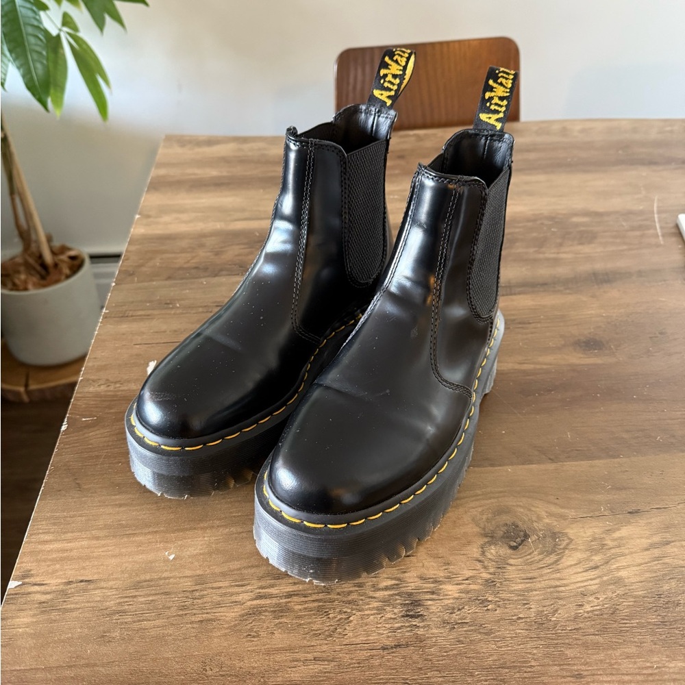Dr. Martens Black Ankle Boots with Yellow Stitching Platform - Picture 1 of 4